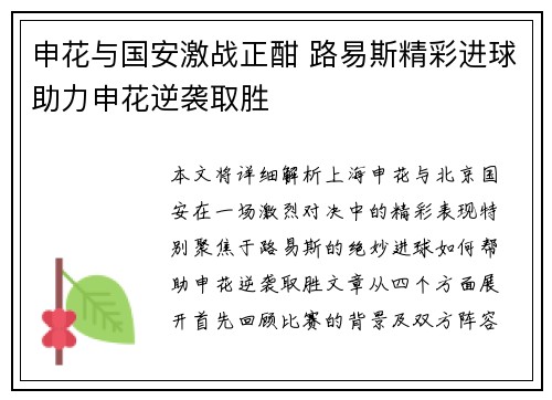 申花与国安激战正酣 路易斯精彩进球助力申花逆袭取胜